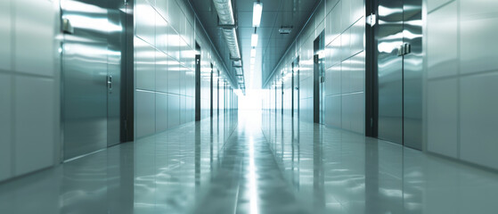 Modern, glossy, empty corridor with reflective floors and bright lights, featuring sleek design in a futuristic building or data center. - Powered by Adobe
