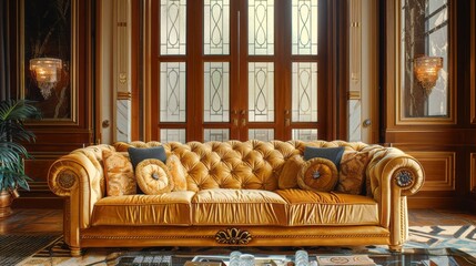 A luxurious gold upholstered sofa sits in a well-lit room with French doors
