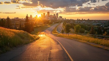 Golden Hour, Quiet Road and City Skyline in the Distance . Generative Ai