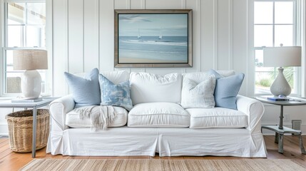 A white sofa with blue pillows sits in a beach house living room