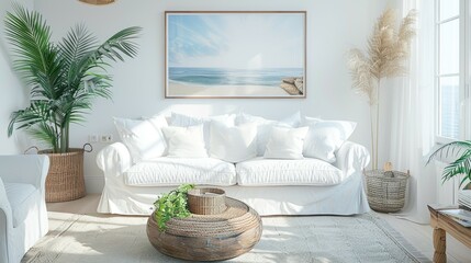 A white sofa with coastal decor sits in a bright living room