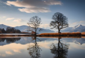 Obraz premium A view of a Tree in an Island on a lake