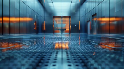 Futuristic corridor inside a data center bathed in blue light, evoking a sense of advanced technology