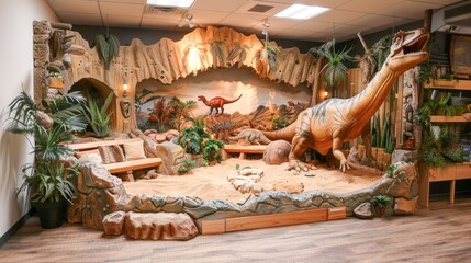 Obraz premium A large, realistic dinosaur model stands in a cave-like setting, surrounded by plants and other dinosaur models