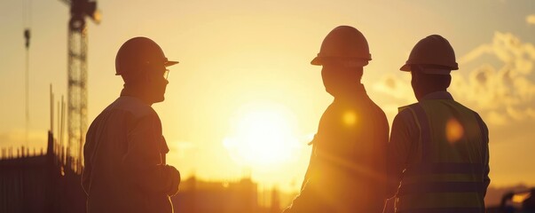 Silhouettes of construction workers wearing safety helmets at a construction site during sunset, highlighting teamwork and building progress.