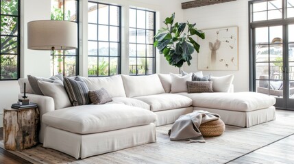 Fototapeta premium A white sectional sofa in a modern living room with large windows and natural light