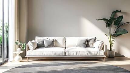 A white sofa with plush pillows sits in a modern living room with a large window, a potted plant, and a side table