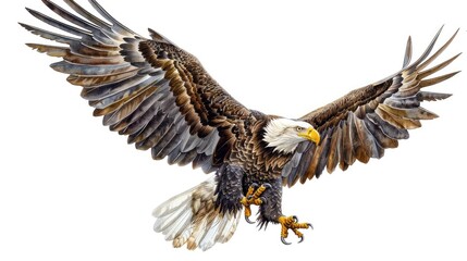 Obraz premium Bald eagle flying with its talons ready to strike, perfectly isolated on a white background