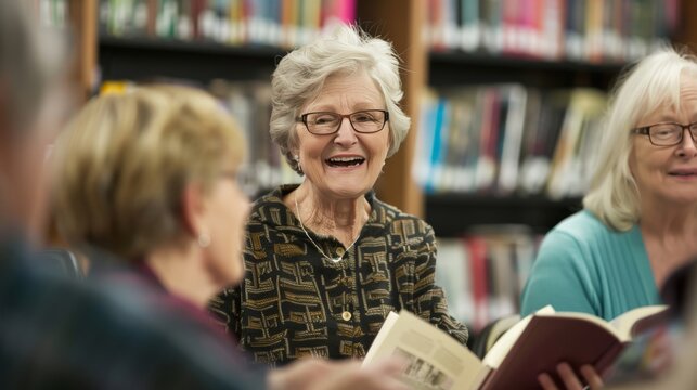 Senior woman in a book club discussion at a local library