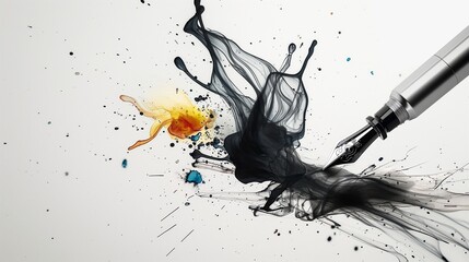 Naklejka premium An ink simulation tool for digital drawing, with a digital fountain pen and splashes of black and colored ink floating beside the pen.