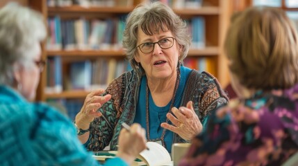 Senior woman in a book club discussion at a local library