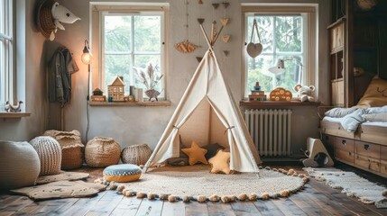 A cozy and playful childrens bedroom featuring a teepee, woven baskets, and a plush rug