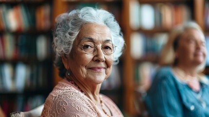 Senior woman in a book club discussion at a local library