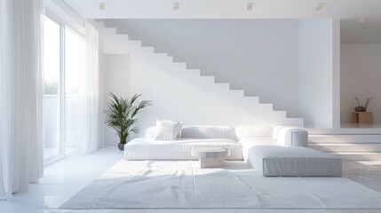 Fototapeta premium A modern white living room with a large sectional sofa and a staircase leading up to an unseen level