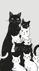 cat family flat design side view theme companionship cartoon drawing black and white