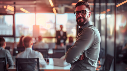 A photo of happy business man standing on front of his friends on office room meeting