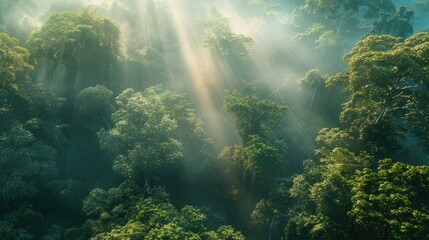 Fototapeta premium Beautiful view of the sky above a dense forest with sunlight streaming through the treetops, creating a magical atmosphere. Space for text in the lower right corner