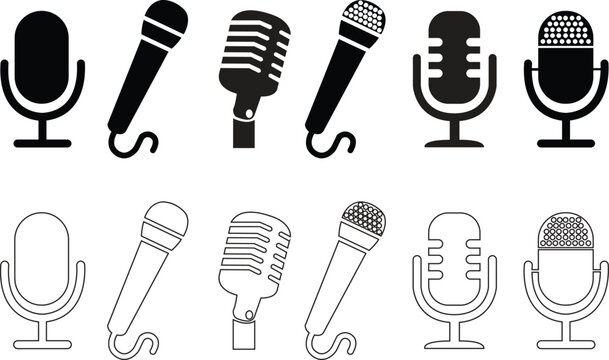 Set of flat Voice icons recording Studio symbols with editable stock. Microphone icons logos template for many purposes. Retro microphone vectors illustration signs isolated on transparent background.