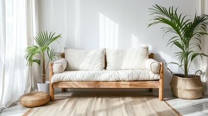 A minimalist living room with a wooden sofa, plants, and natural light