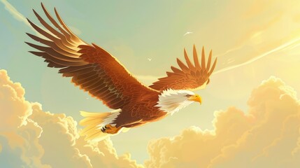 Obraz premium Cartoon eagle flying high with the sun casting a golden glow over its feathers, set against a bright, cheerful sky.