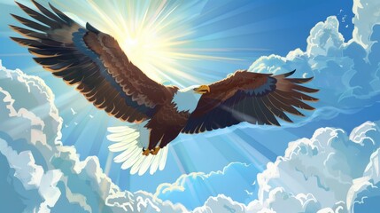 Obraz premium Cartoon eagle in mid-flight with sunbeams streaming through its wings, set against a bright blue sky with puffy white clouds
