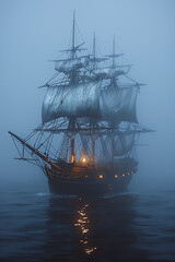 Obraz premium A majestic old sailing ship with illuminated lanterns navigates through a misty, fog-covered sea at twilight, creating a mysterious and enchanting scene.