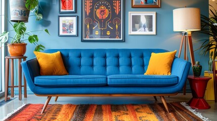 A blue sofa with yellow pillows sits in a modern living room with colorful art and a patterned rug