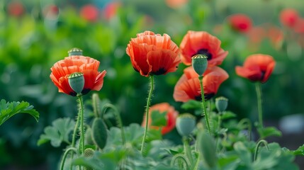Fototapeta premium Blooming Red Poppy Flowers for Opium Harvest