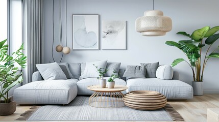 A modern living room with a gray sectional sofa, abstract artwork, and a woven pendant light