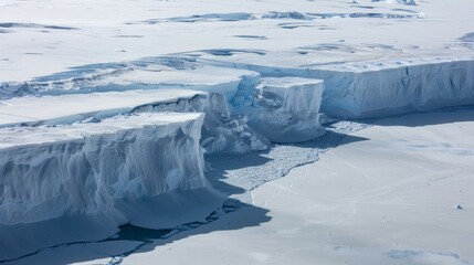 Cracks and crevices form on the surface of the glacier as it prepares to calve off a new iceberg.