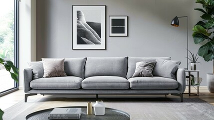 A modern grey sofa with pillows sits in a minimalist living room with black and white artwork and a floor lamp