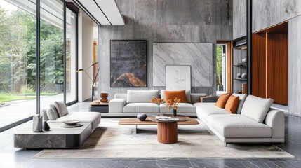 Obraz premium A spacious living room features a contemporary white sectional sofa with orange throw pillows, a coffee table, and large windows overlooking a green landscape