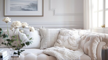 Naklejka premium A white sofa with decorative pillows and a throw blanket in a bright living room with a window and flowers
