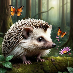 Fototapeta premium a hedgehog sitting in a forest with a butterfly flying by it's side and a flower in the foreground