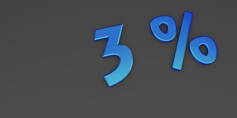 Blue 3D three percent on a gray background. Rendering.