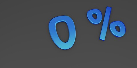Blue 3D zero percent on a gray background. Rendering.