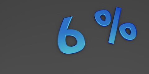 Blue 3D six percent on a gray background. Rendering.