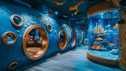 An indoor play area with an ocean theme, featuring large round windows and an aquarium with fish