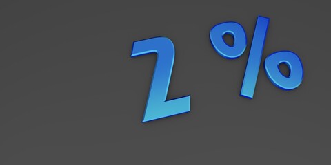 Blue 3D two percent on a gray background. Rendering.