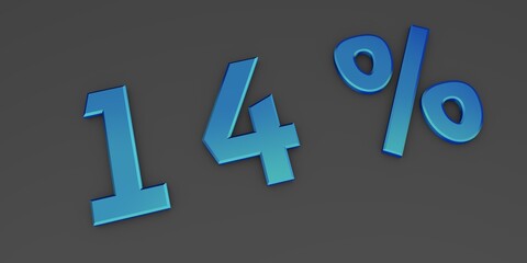 Blue 3D fourteen percent on a gray background. Rendering.