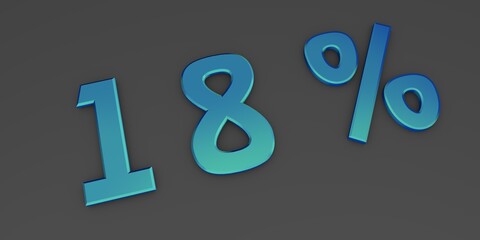 Blue 3D eighteen percent on a gray background. Rendering.