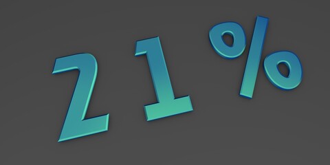 Blue-green 3D twenty one percent on a gray background. Rendering.
