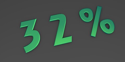 Green 3D thirty two percent on a gray background. Rendering.