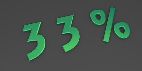 Green 3D thirty three percent on a gray background. Rendering.