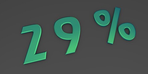 Blue-green 3D twenty nine percent on a gray background. Rendering.