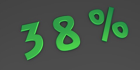 Green 3D thirty eight percent on a gray background. Rendering.