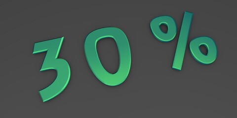 Green 3D thirty percent on a gray background. Rendering.