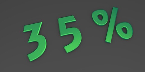 Green 3D thirty five percent on a gray background. Rendering.