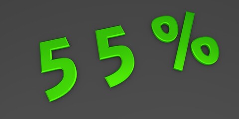 Green 3D fifty five percent on a gray background. Rendering.