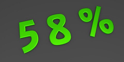 Green 3D fifty eight percent on a gray background. Rendering.